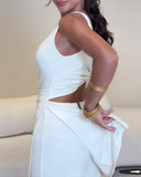 Square Neck Sleeveless Ruched A Line Dress Casual Twist Slit Slim Fit Dress