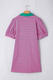 Rose Stripe Collared V Neck Puff Sleeve Shift T Shirt Dress with Pockets