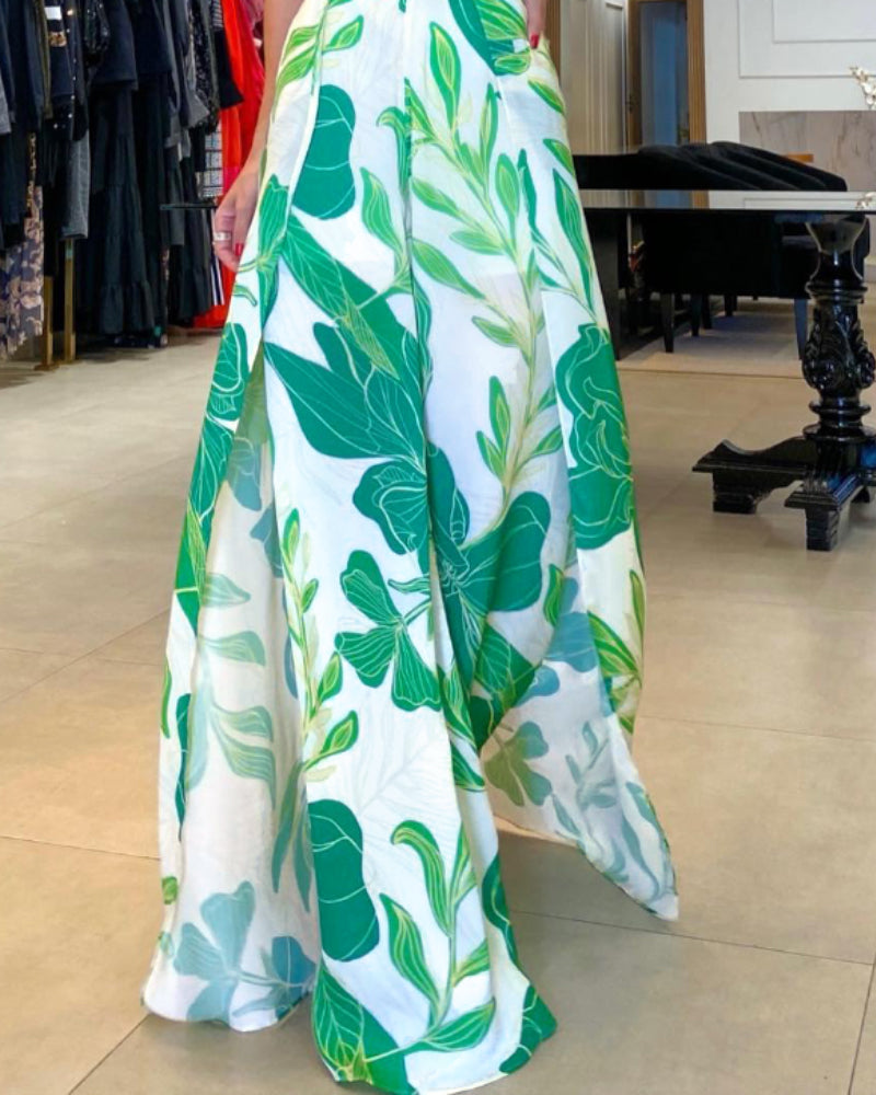 2 Pieces Outfit Plants Print Halter Sleeveless Tank and Casual Slit Wide Leg Pants Set