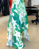 2 Pieces Outfit Plants Print Halter Sleeveless Tank and Casual Slit Wide Leg Pants Set
