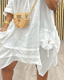 V Neck Short Sleeve Asymmetrical Button Dress with Pocket