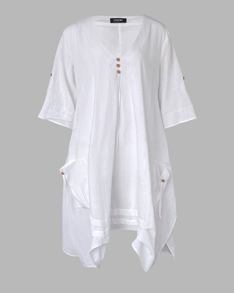 V Neck Short Sleeve Asymmetrical Button Dress with Pocket