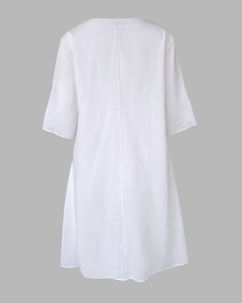 V Neck Short Sleeve Asymmetrical Button Dress with Pocket