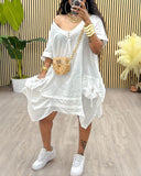 V Neck Short Sleeve Asymmetrical Button Dress with Pocket