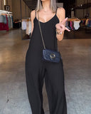 Plain Adjustable Strap Wide Leg Jumpsuit Casual Loose Fit Romper