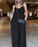 Plain Adjustable Strap Wide Leg Jumpsuit Casual Loose Fit Romper