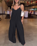 Plain Adjustable Strap Wide Leg Jumpsuit Casual Loose Fit Romper