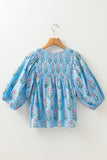 Sky Blue Floral Striped Print Shirred Yoke Split Neck Blouse