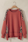 Redwood Burl Aztec Patchwork Drop Shoulder Plus Size High Low Sweatshirt