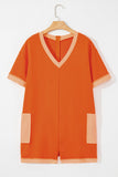 Russet Orange Two-tone Short Sleeve V Neck Patched Pocket Loose Romper