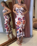 Tropical Print Halter Sleeveless Dress Sexy Backless Tied Detail Dress