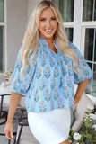 Sky Blue Floral Striped Print Shirred Yoke Split Neck Blouse