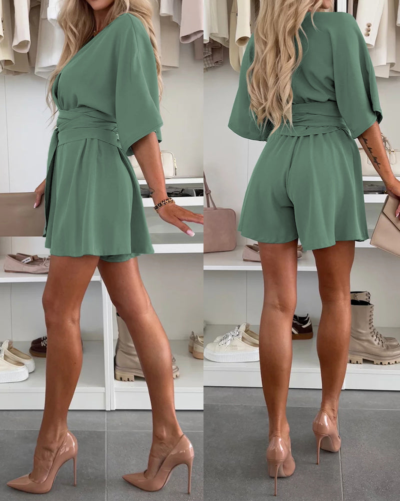 V Neck Half Sleeve Tied Detail Romper