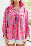 Purple Plus Size Floral Print Puff Sleeve V Neck Blouse