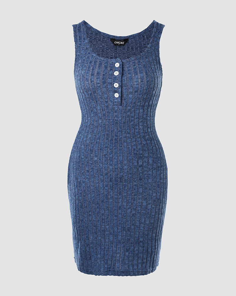Pocket Design Ribbed Tank Dress Sleeveless Button Front Pullover Bodycon Mini Dresses