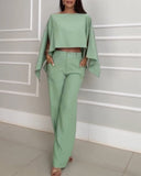 3 Pieces Outfit Cold Shoulder Slit Cloak Sleeve Asymmetrical Hem Convertible Top and Casual Zipper Fly Elastic Back Waist Pants Set With Bandeau