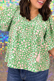 Green Plus Size Floral Tassel Tie Split Neck Puff Sleeve Blouse