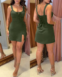 Leopard Square Neck Spaghetti Strap Romper Asymmetrical Lace up Slit Romper