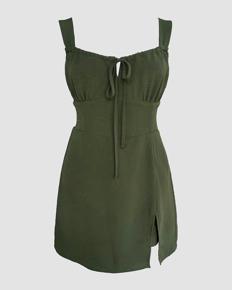 Leopard Square Neck Spaghetti Strap Romper Asymmetrical Lace up Slit Romper