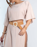 2 PiecesOutfit Batwing Sleeve Cropped Pullover Top and Sexy High Waist Side Slit Skirt Set