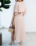 2 PiecesOutfit Batwing Sleeve Cropped Pullover Top and Sexy High Waist Side Slit Skirt Set