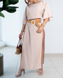 2 PiecesOutfit Batwing Sleeve Cropped Pullover Top and Sexy High Waist Side Slit Skirt Set