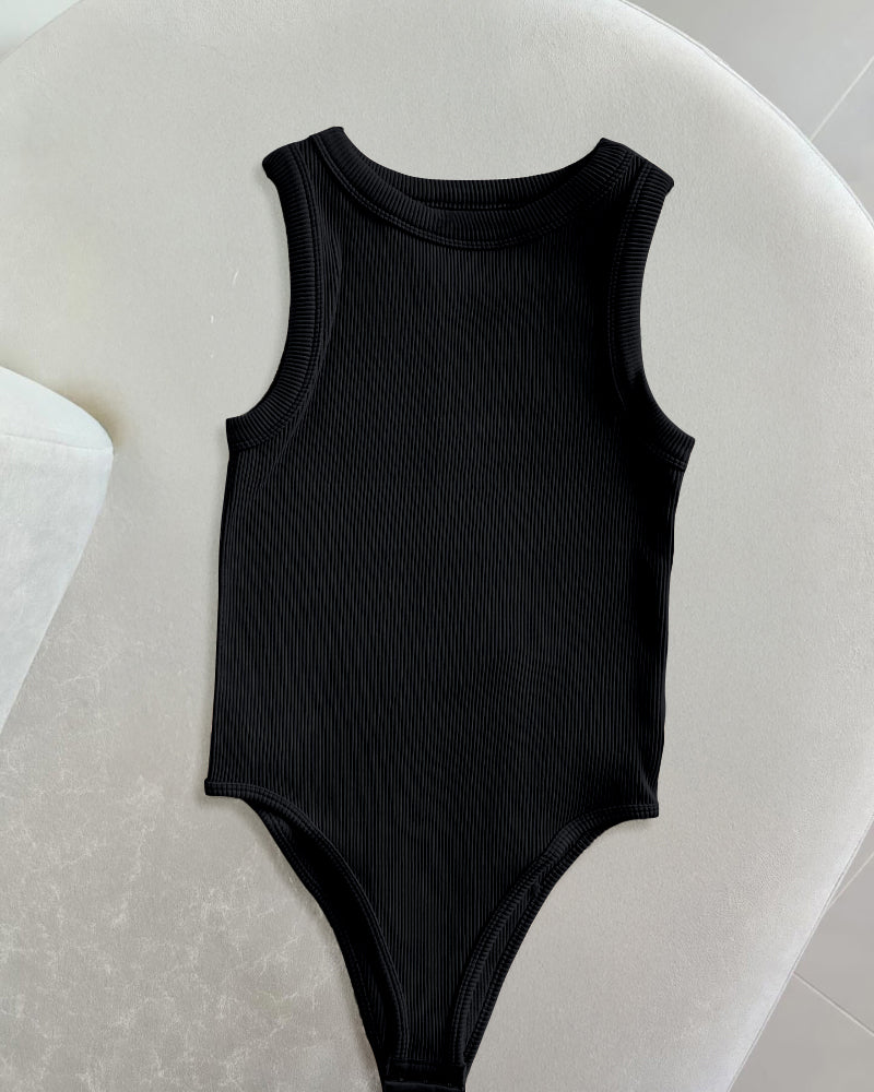 Round Neck Sleeveless Ribbed Bodysuit Casual Slim Fit Tank Top