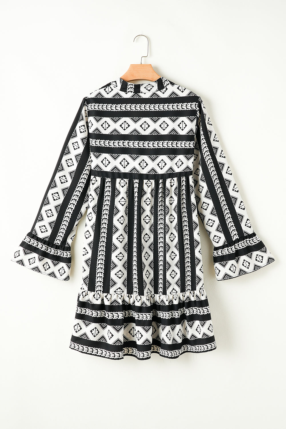 Black Boho Geometric Printed Flared Long Sleeve Mini Dress