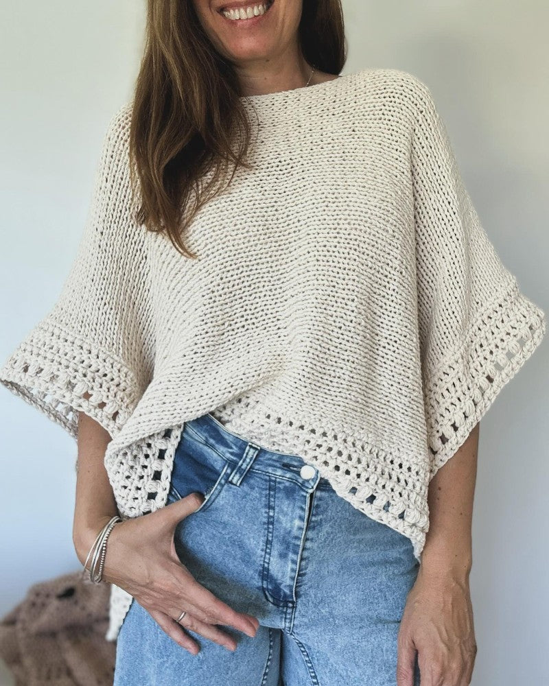 Solid Three Quarters Batwing Sleeve Hollow out Pattern Edges Casual Knit Top