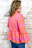 Vitality Orange Plus Size Geometric Embroidered Bell Sleeve Babydoll Blouse