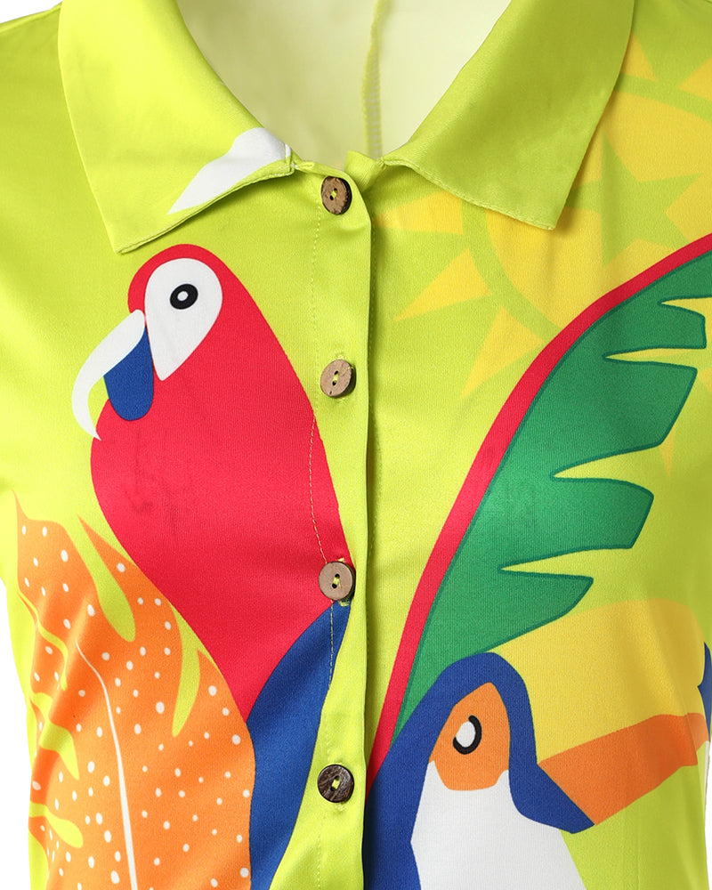 Short Sleeve Animal Sun Plant Print Button Decor Romper