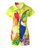 Short Sleeve Animal Sun Plant Print Button Decor Romper
