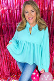 Turquoise Cordrd Balloon Sleeve Collar Plus Babydoll Top