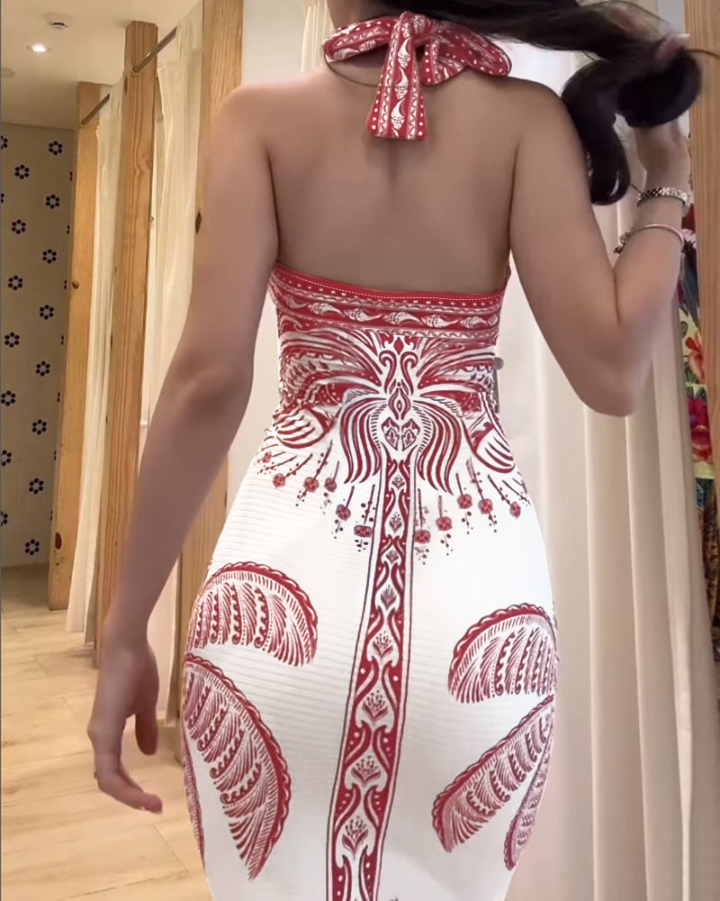 Tropical Halter Sleeveless Sexy Backless Dress