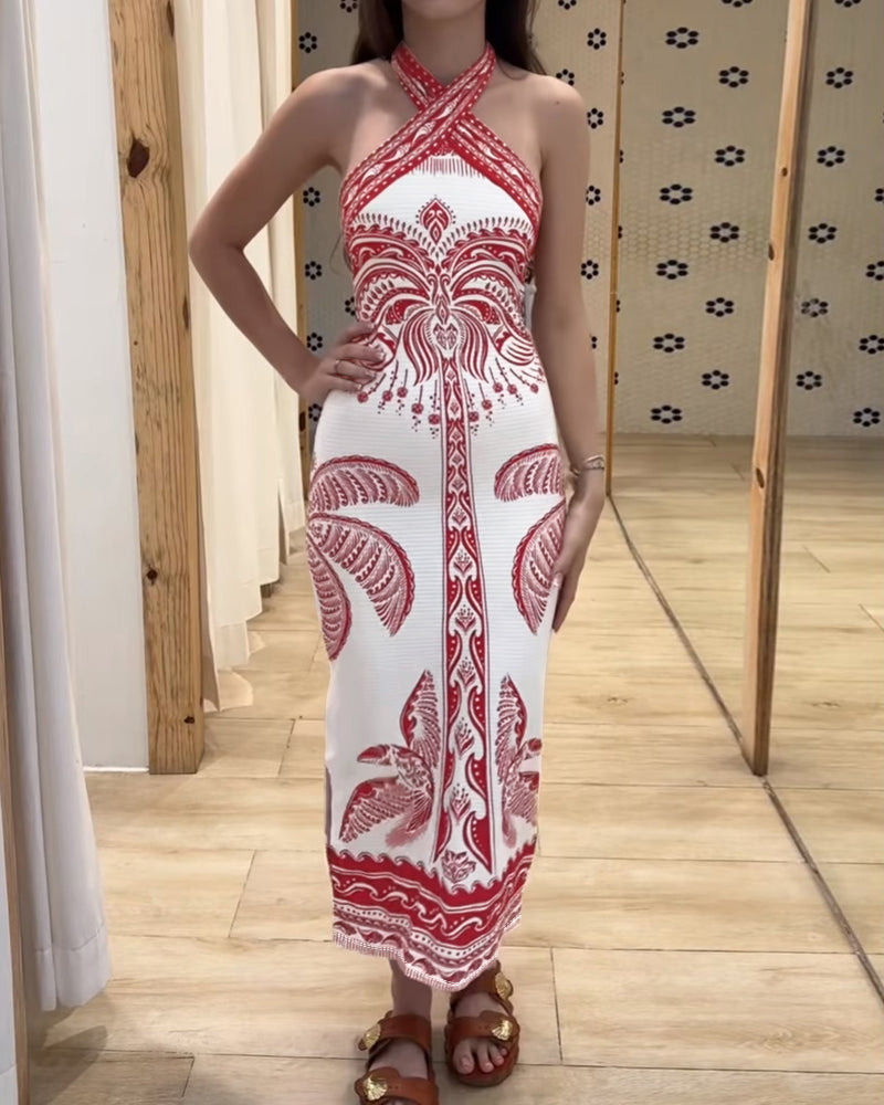 Tropical Halter Sleeveless Sexy Backless Dress