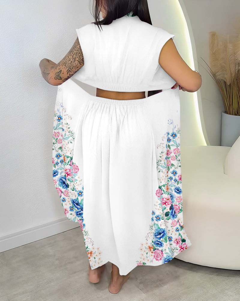 Floral Print Stand Collar Sleeveless Button Down Casual Dress Cutout Elastic Waist Back Maxi Dress