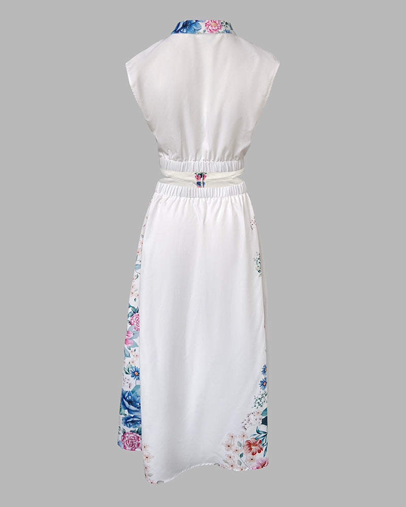 Floral Print Stand Collar Sleeveless Button Down Casual Dress Cutout Elastic Waist Back Maxi Dress