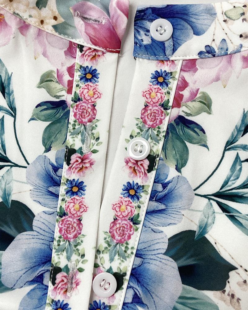 Floral Print Stand Collar Sleeveless Button Down Casual Dress Cutout Elastic Waist Back Maxi Dress