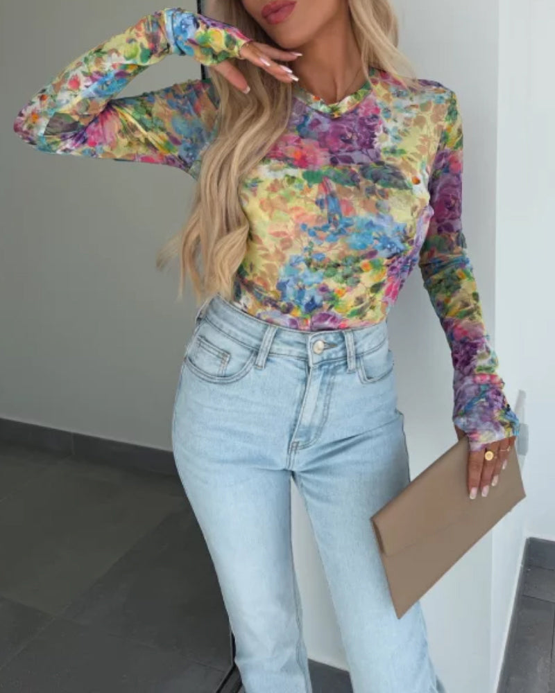 Floral Print Round Neck Long Sleeve T Shirt Casual Slim Fit Top