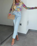 Floral Print Round Neck Long Sleeve T Shirt Casual Slim Fit Top