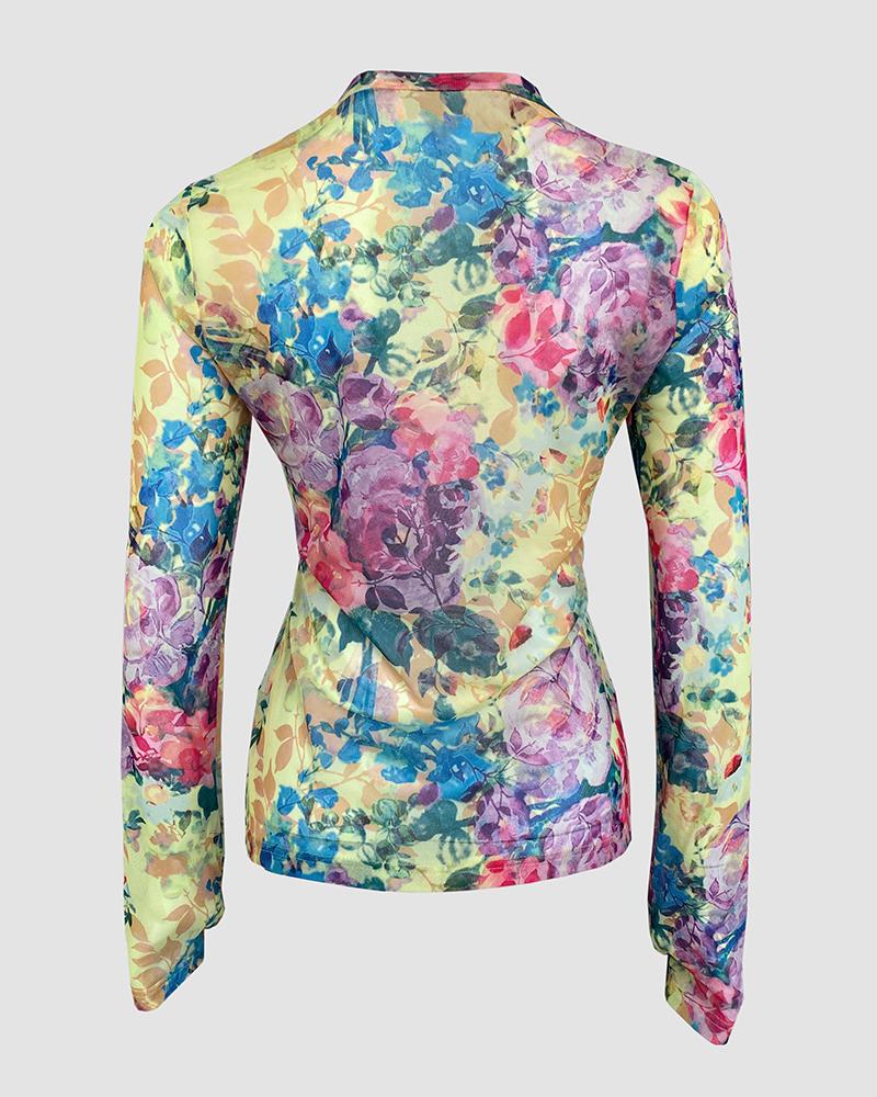 Floral Print Round Neck Long Sleeve T Shirt Casual Slim Fit Top
