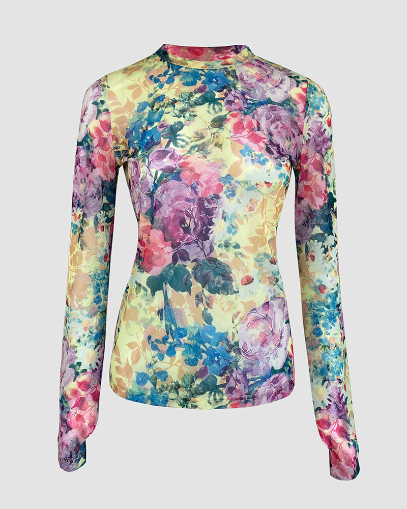 Floral Print Round Neck Long Sleeve T Shirt Casual Slim Fit Top
