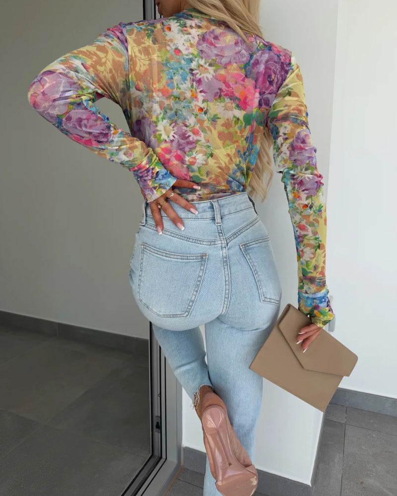 Floral Print Round Neck Long Sleeve T Shirt Casual Slim Fit Top