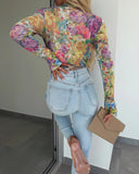 Floral Print Round Neck Long Sleeve T Shirt Casual Slim Fit Top