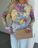 Floral Print Round Neck Long Sleeve T Shirt Casual Slim Fit Top