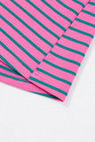 Rose Stripe Collared V Neck Puff Sleeve Shift T Shirt Dress with Pockets