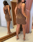 Leopard Square Neck Spaghetti Strap Romper Asymmetrical Lace up Slit Romper