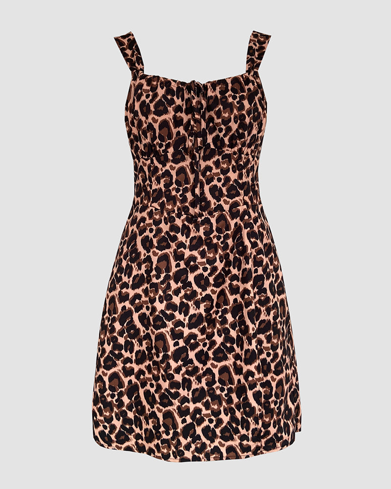 Leopard Square Neck Spaghetti Strap Romper Asymmetrical Lace up Slit Romper