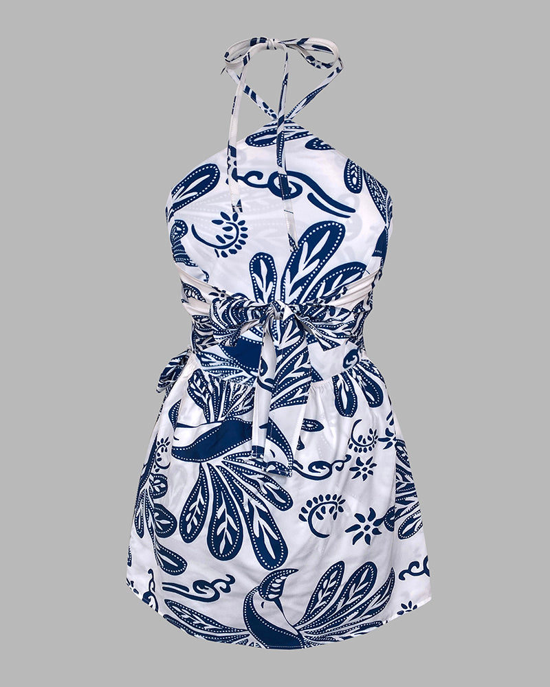 Tropical Print Halter Sleeveless Waist Romper Chic Tied Detail Backless Romper