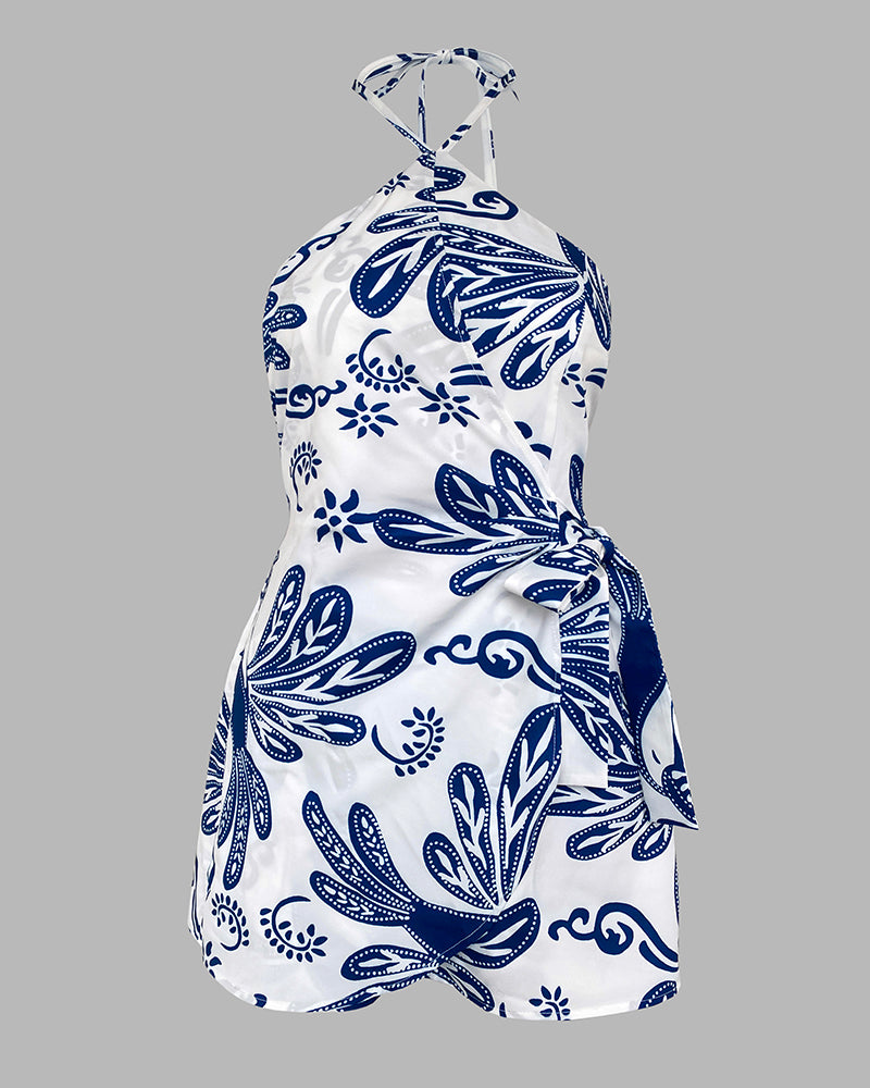Tropical Print Halter Sleeveless Waist Romper Chic Tied Detail Backless Romper